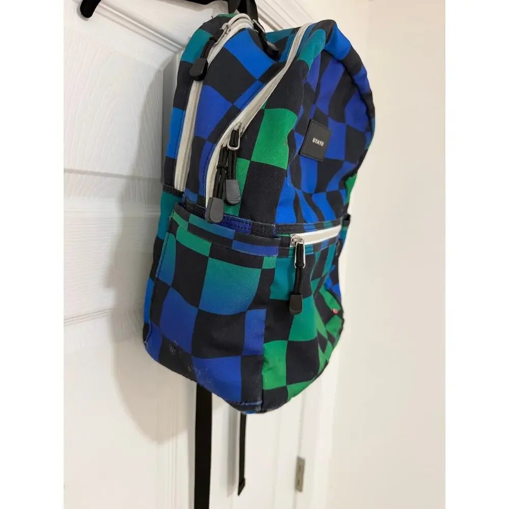 State Bags - Kane Double Pocket Backpack - Blue Checkerboard